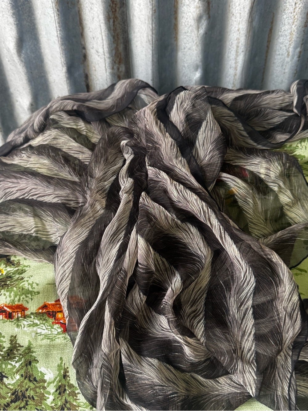 Vintage feather print long silk scarf